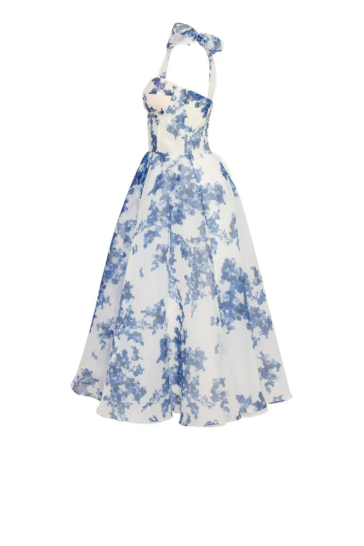 WW | blaues Organza Midi Kleid mit Hortensienmuster