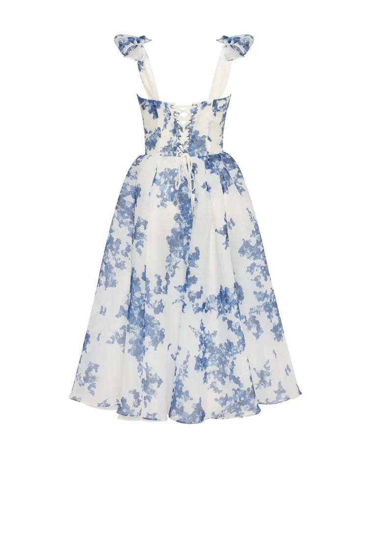 W&W Mode | blaues Organza Midi Kleid mit Hortensienmuster