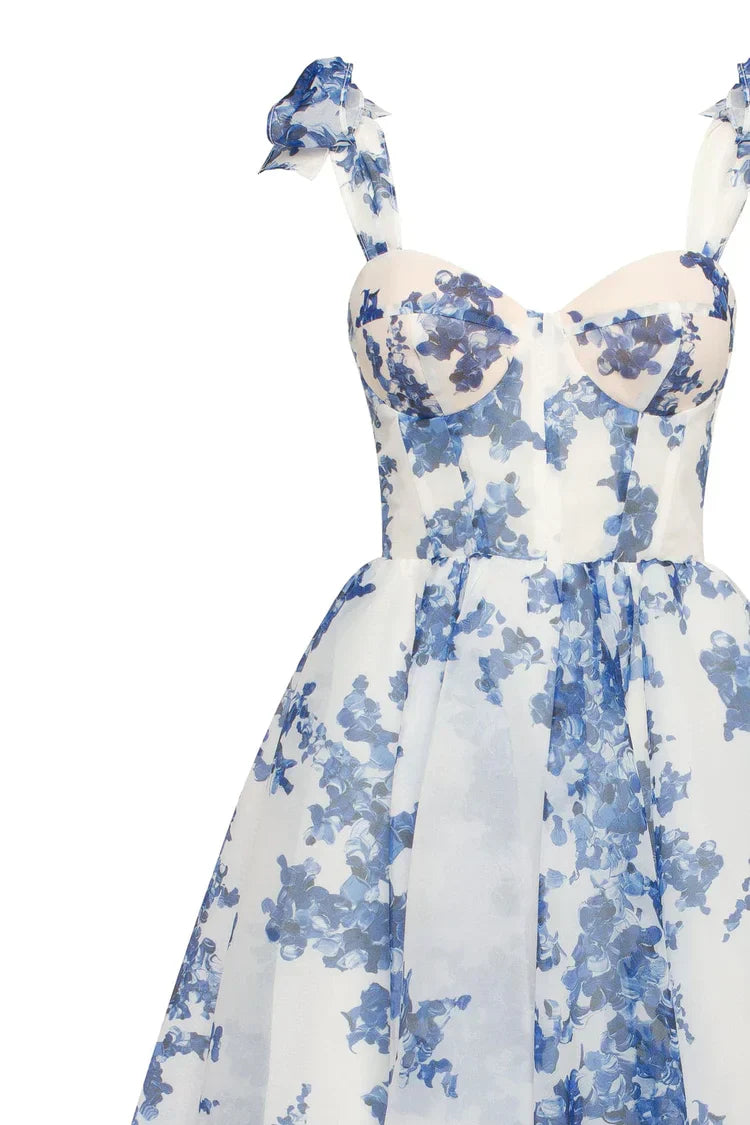 WW | blaues Organza Midi Kleid mit Hortensienmuster