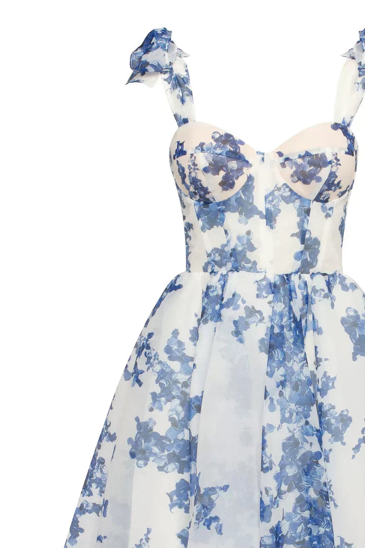 W&W Mode | blaues Organza Midi Kleid mit Hortensienmuster