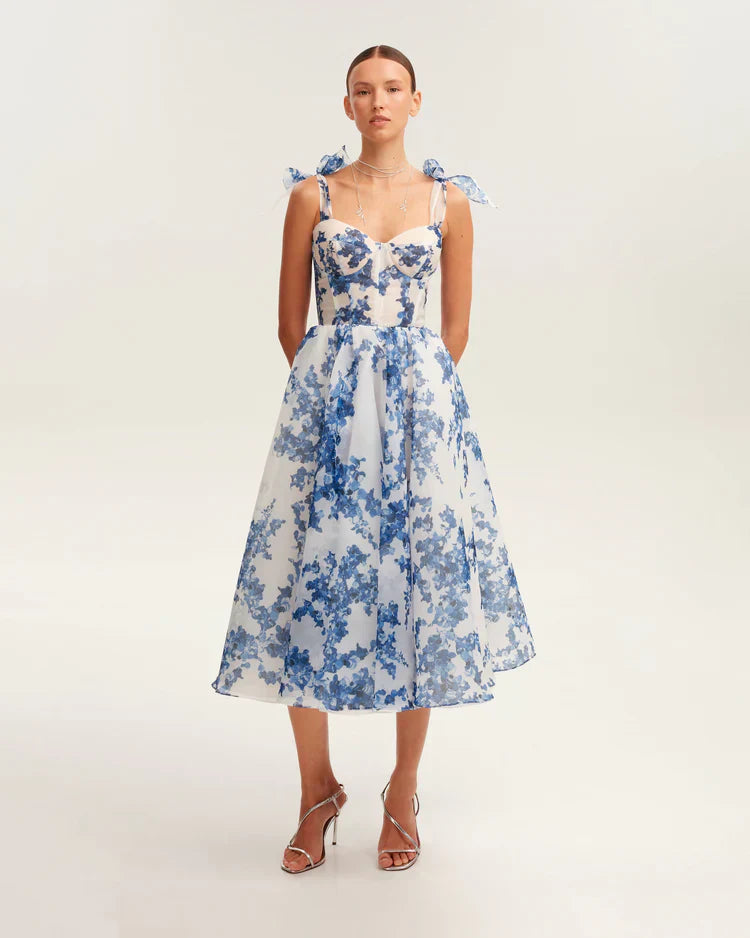 WW | blaues Organza Midi Kleid mit Hortensienmuster