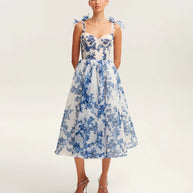 WW | blaues Organza Midi Kleid mit Hortensienmuster