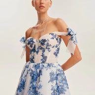 WW | blaues Organza Midi Kleid mit Hortensienmuster