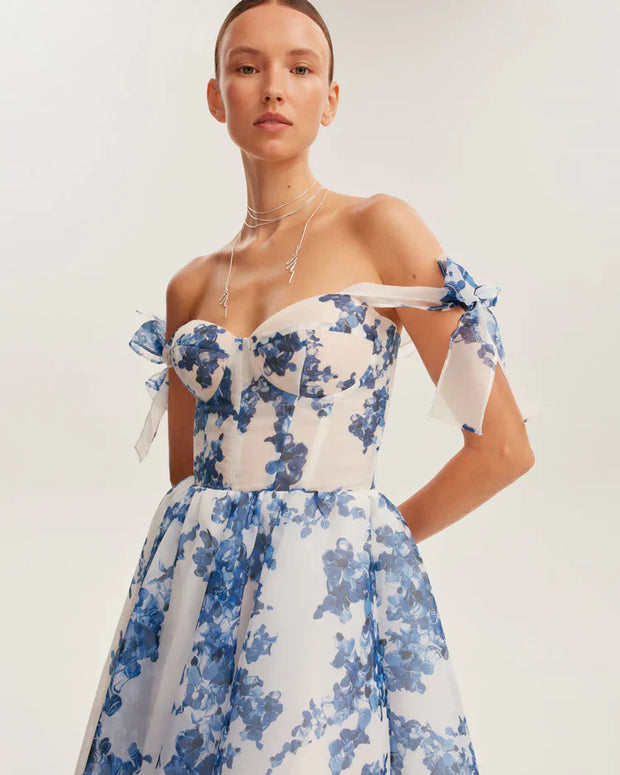 WW | blaues Organza Midi Kleid mit Hortensienmuster