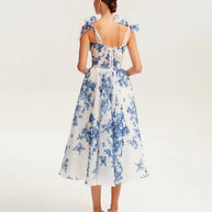 WW | blaues Organza Midi Kleid mit Hortensienmuster