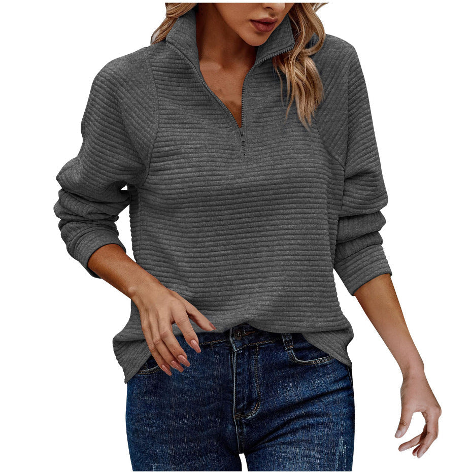 W&W Mode - Geripptes Viertel-Reißverschluss-Pullover-Sweater