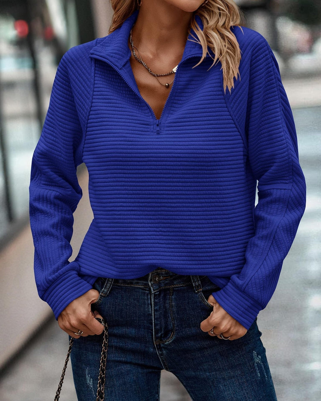 W&W Mode - Geripptes Viertel-Reißverschluss-Pullover-Sweater