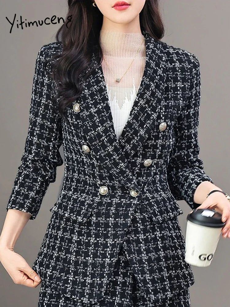 Damen elegante Tweed-Blazerjacke mit doppelter Knopfleiste und modernem Schnitt WW