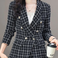 Damen elegante Tweed-Blazerjacke mit doppelter Knopfleiste und modernem Schnitt WW