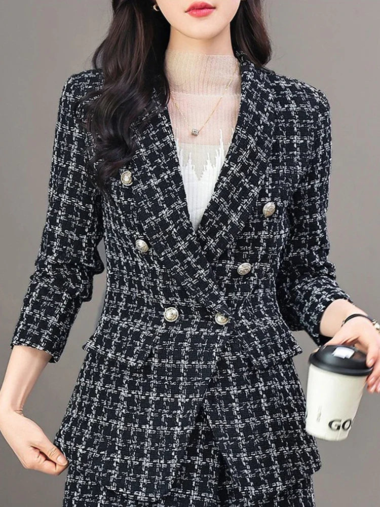 Damen elegante Tweed-Blazerjacke mit doppelter Knopfleiste und modernem Schnitt WW