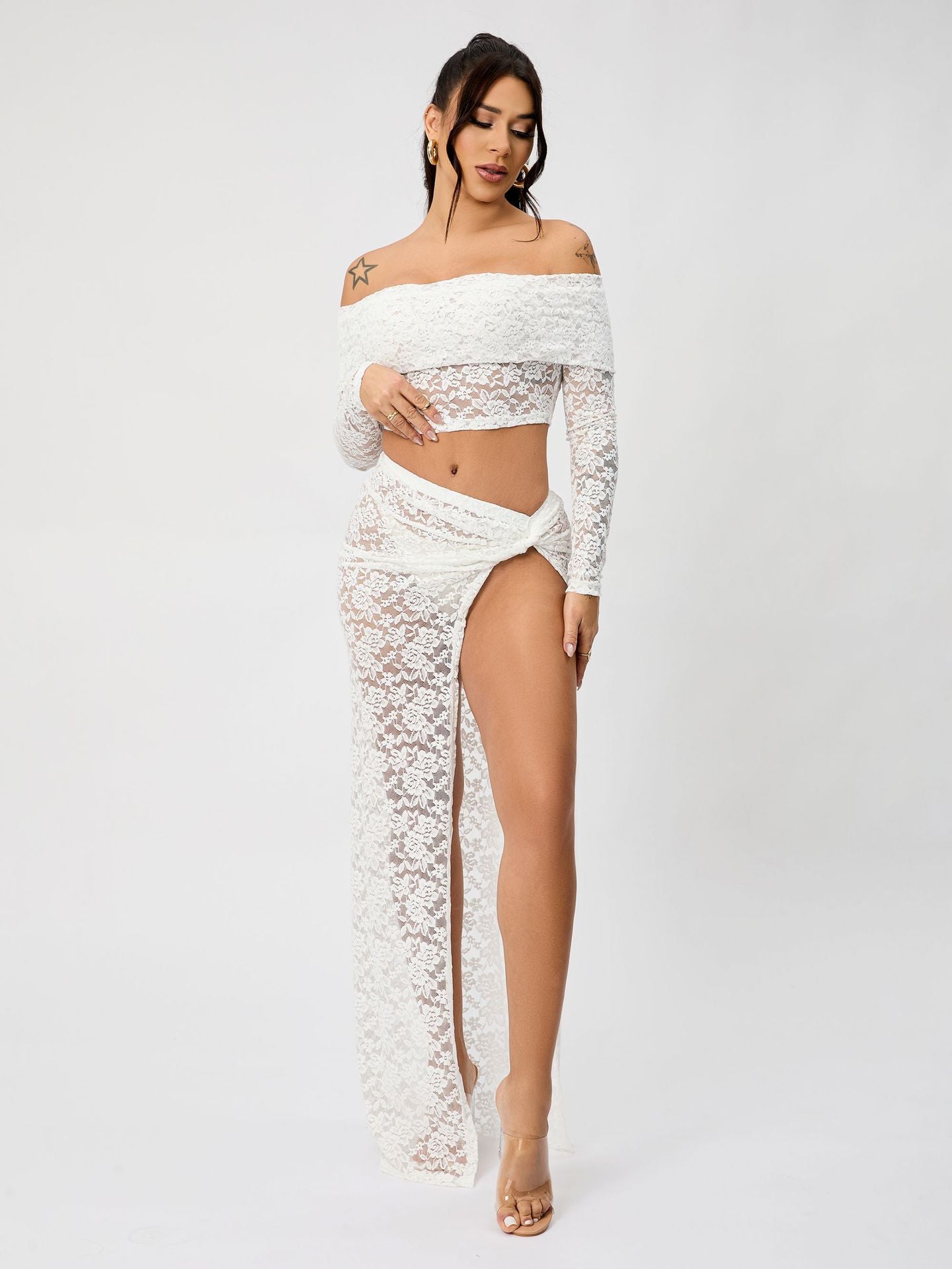 WW | Off-Shoulder Floral Lace Long Sleeve Maxi Co-Ord Set