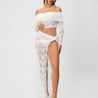 WW | Off-Shoulder Floral Lace Long Sleeve Maxi Co-Ord Set