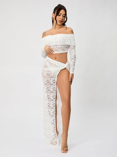 WW | Off-Shoulder Floral Lace Long Sleeve Maxi Co-Ord Set