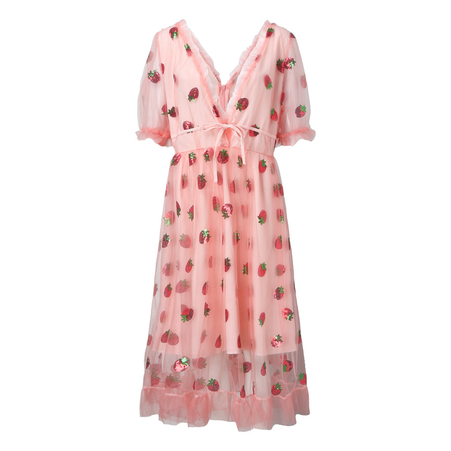 Damen Tüllkleid mit verspieltem Erdbeer-Design und eleganter Schnürung WW