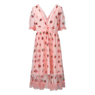 Damen Tüllkleid mit verspieltem Erdbeer-Design und eleganter Schnürung WW