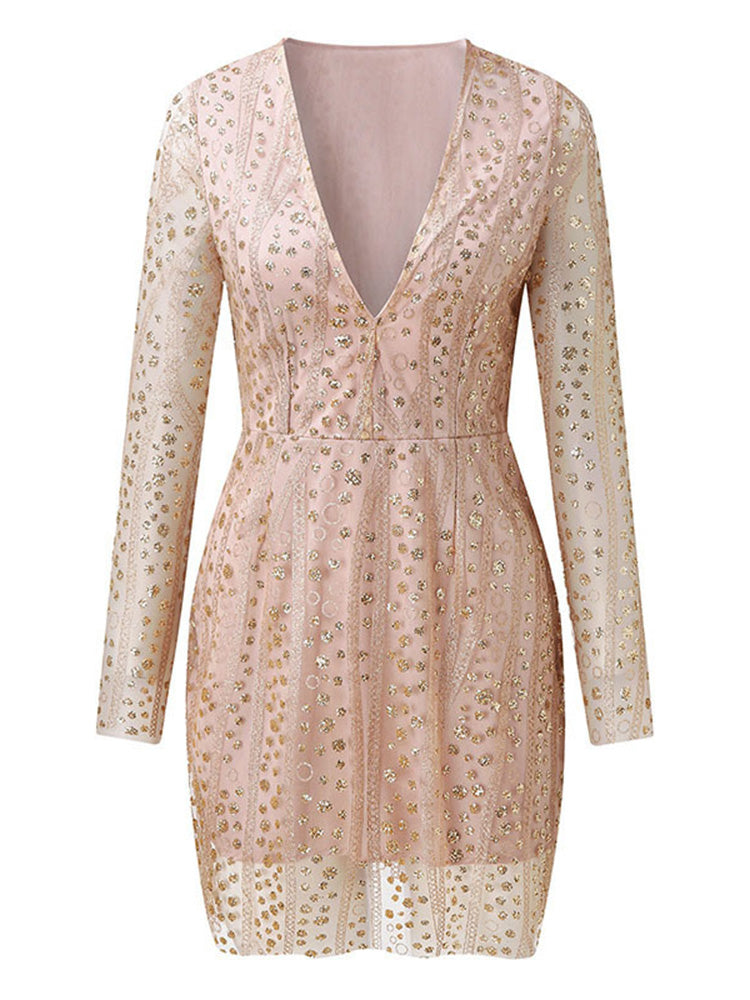 WW | Damen Semi Transparent Goldton Pailletten Midi Kleid