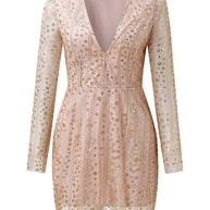 WW | Damen Semi Transparent Goldton Pailletten Midi Kleid