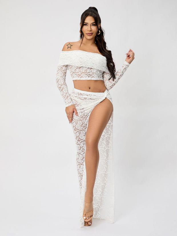 WW | Off-Shoulder Floral Lace Long Sleeve Maxi Co-Ord Set