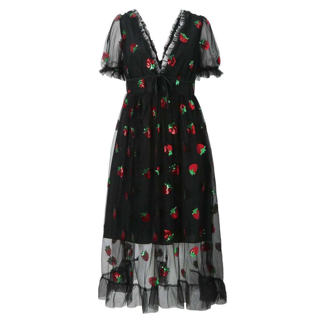 Damen Tüllkleid mit verspieltem Erdbeer-Design und eleganter Schnürung W&W Mode