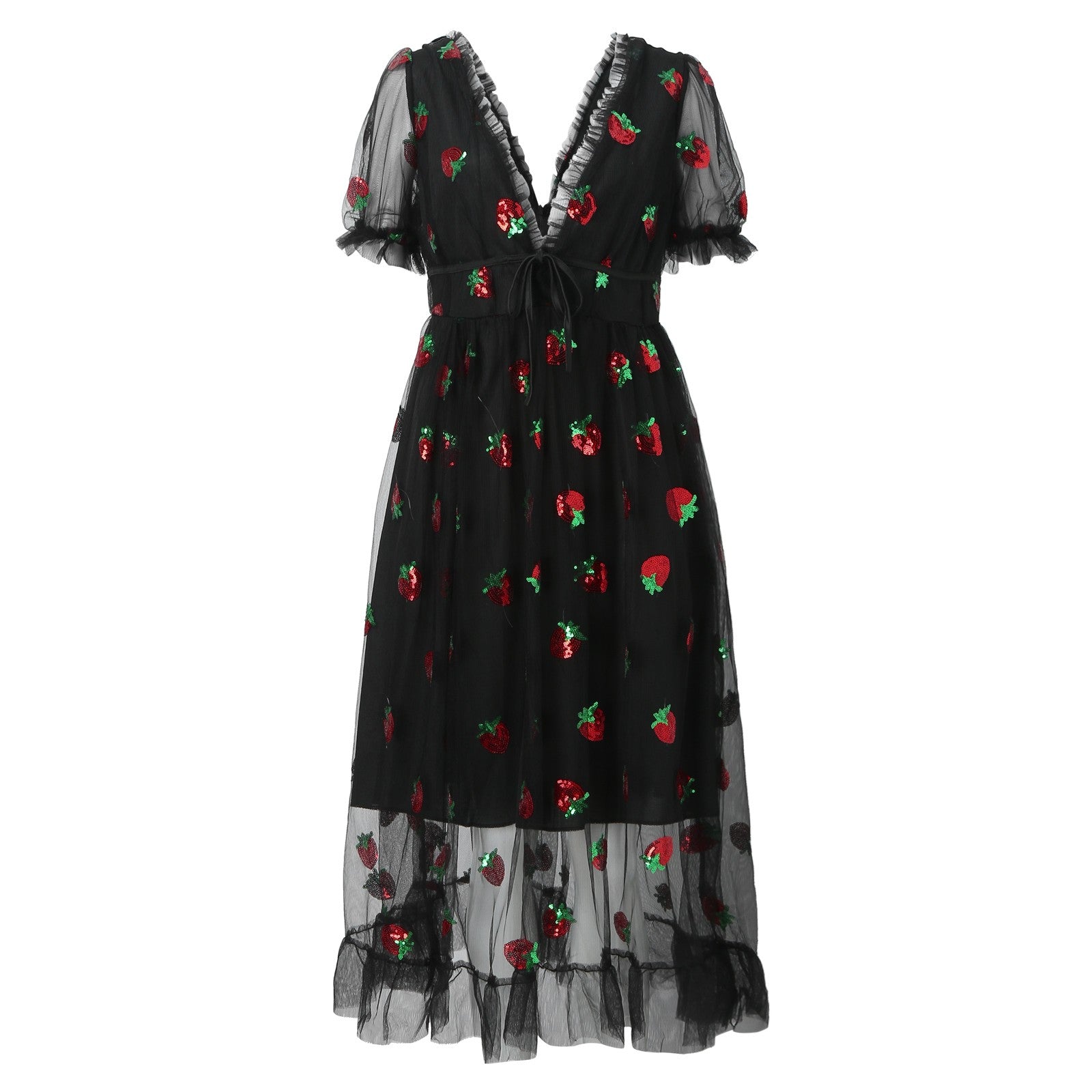 Damen Tüllkleid mit verspieltem Erdbeer-Design und eleganter Schnürung WW