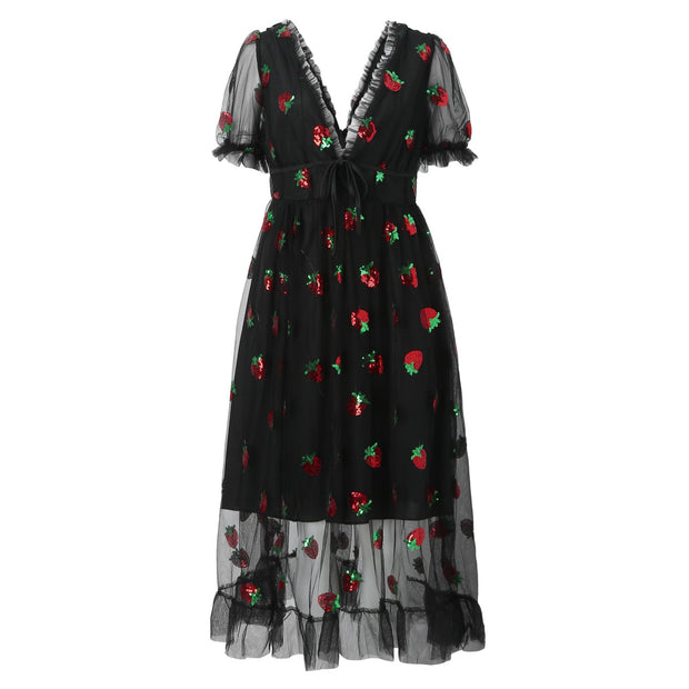 Damen Tüllkleid mit verspieltem Erdbeer-Design und eleganter Schnürung WW