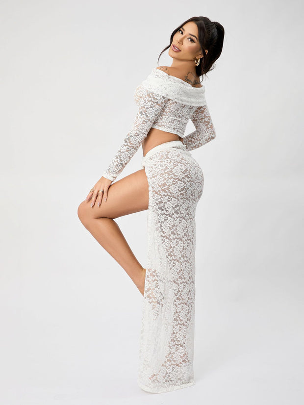 WW | Off-Shoulder Floral Lace Long Sleeve Maxi Co-Ord Set