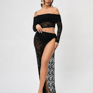 WW | Off-Shoulder Floral Lace Long Sleeve Maxi Co-Ord Set