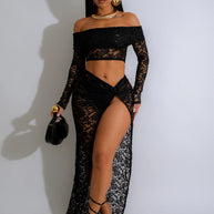 WW | Off-Shoulder Floral Lace Long Sleeve Maxi Co-Ord Set