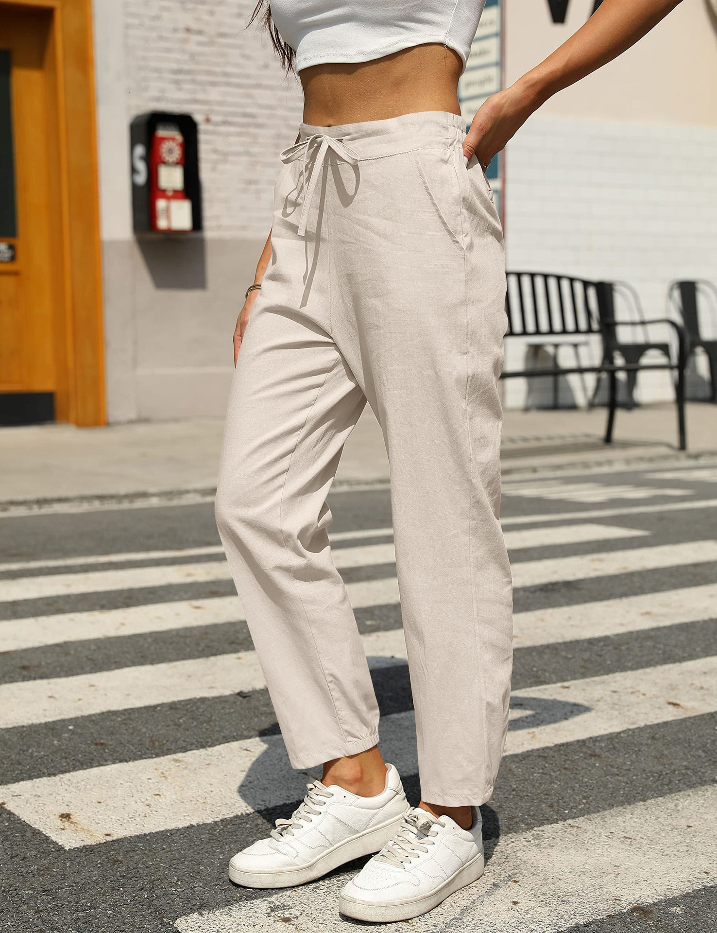 Damen bequeme Leinenhose mit Kordelzug WW
