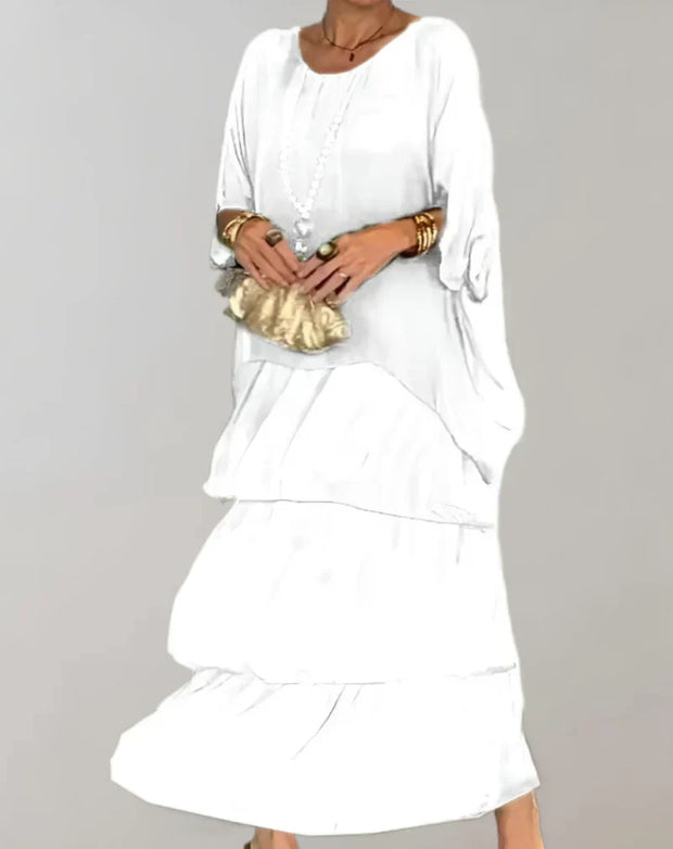 WW | Elegantes Maxikleid mit Fledermausärmeln und Gestuftem Rundhalsausschnitt