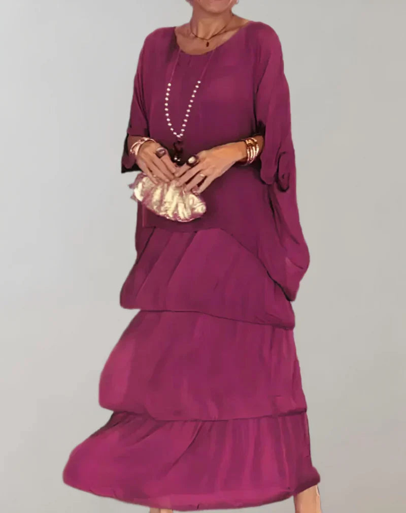 W&W Mode | Elegantes Maxikleid mit Fledermausärmeln und Gestuftem Rundhalsausschnitt