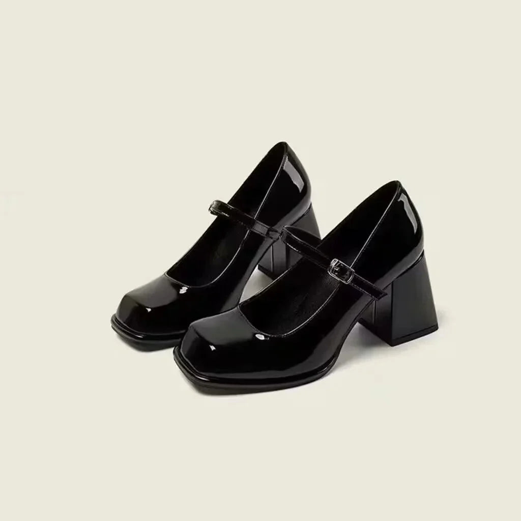 WW | Mary Janes Jahrgang Schwarze Sandalen Frau Schnalle Rutschfest Casual Mittlere Absätze Büro Damen Solid Elegant Absätze Koreanisch