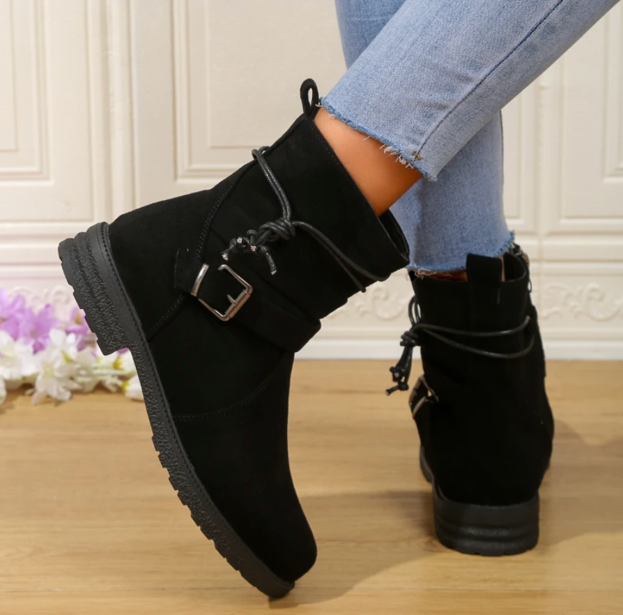 WW | Ankle Boots Wildlederlook Runde Zehe Blockabsatz Dekorative Schnalle Reißverschluss