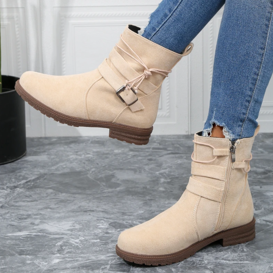 WW | Ankle Boots Wildlederlook Runde Zehe Blockabsatz Dekorative Schnalle Reißverschluss