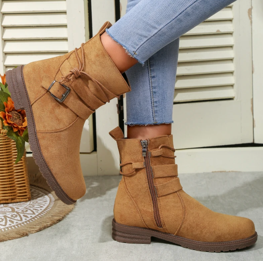 WW | Ankle Boots Wildlederlook Runde Zehe Blockabsatz Dekorative Schnalle Reißverschluss