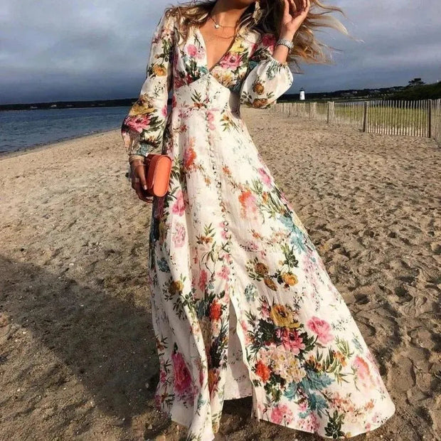 WW | Floral Long Sleeve V Ausschnitt Boho Sonnenkleid