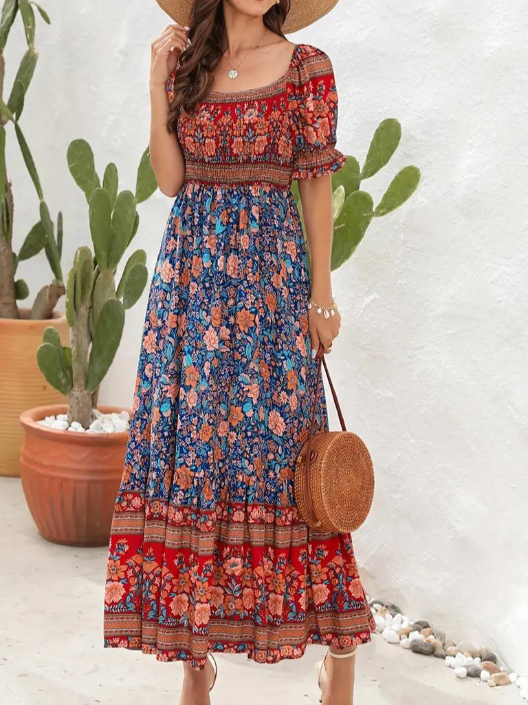 WW | Geblümt Schulterfrei Sommerkleid Maxi-Sonnenkleid