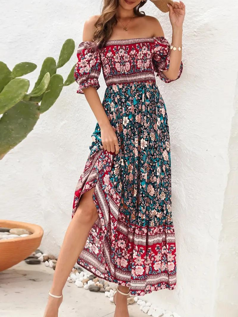WW | Geblümt Schulterfrei Sommerkleid Maxi-Sonnenkleid