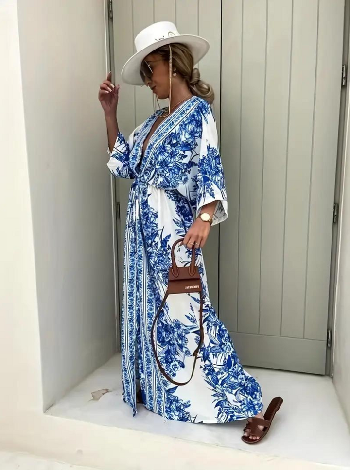 W&W Mode | Halbarm V-Ausschnitt Sommerkleid Langes Kleid