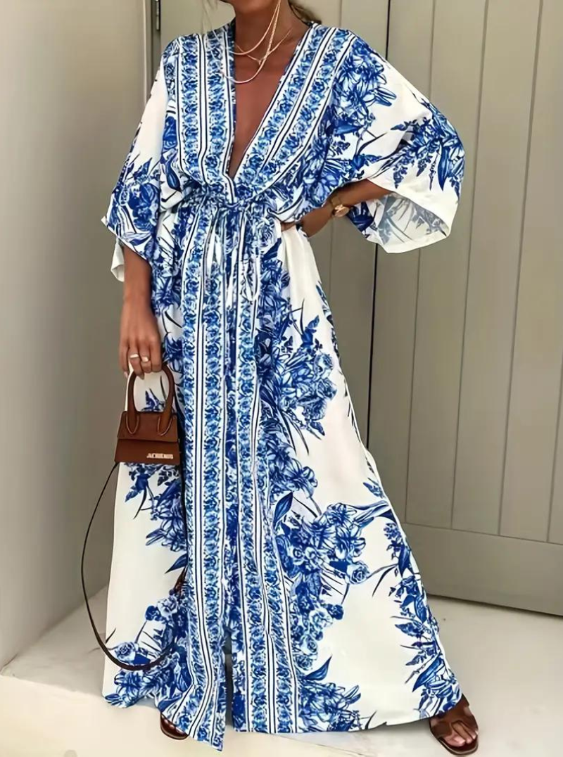W&W Mode | Halbarm V-Ausschnitt Sommerkleid Langes Kleid