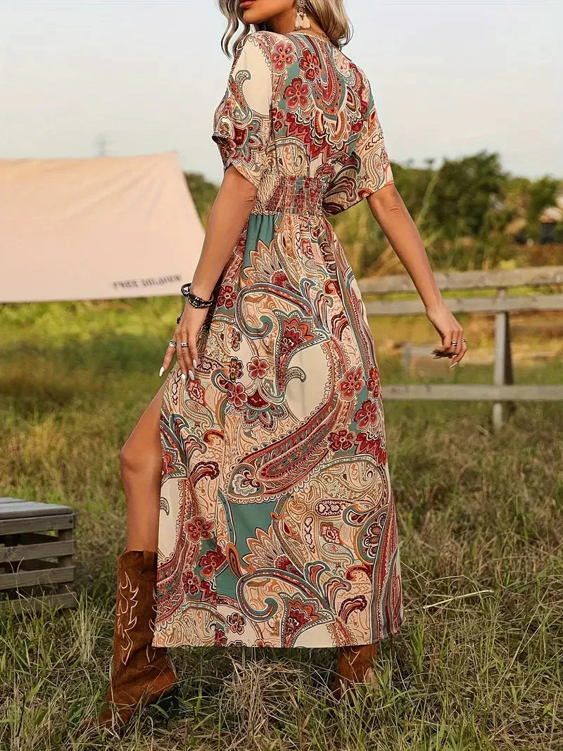 WW | Maxikleid, Paisley-Print, Kurzärmelig, Boho-Kleid, Maxi-Sonnenkleid