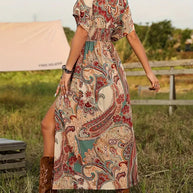 WW | Maxikleid, Paisley-Print, Kurzärmelig, Boho-Kleid, Maxi-Sonnenkleid