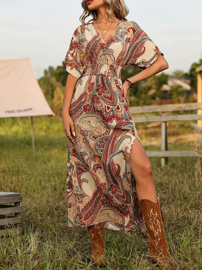 W&W Mode | Maxikleid, Paisley-Print, Kurzärmelig, Boho-Kleid, Maxi-Sonnenkleid