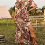 WW | Maxikleid, Paisley-Print, Kurzärmelig, Boho-Kleid, Maxi-Sonnenkleid