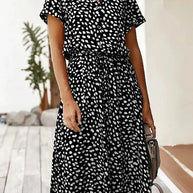 WW - Elegantes kurzärmliges Hemdblusenkleid mit Polka Dots und Kordelzug in der Taille