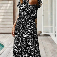 WW - Elegantes kurzärmliges Hemdblusenkleid mit Polka Dots und Kordelzug in der Taille