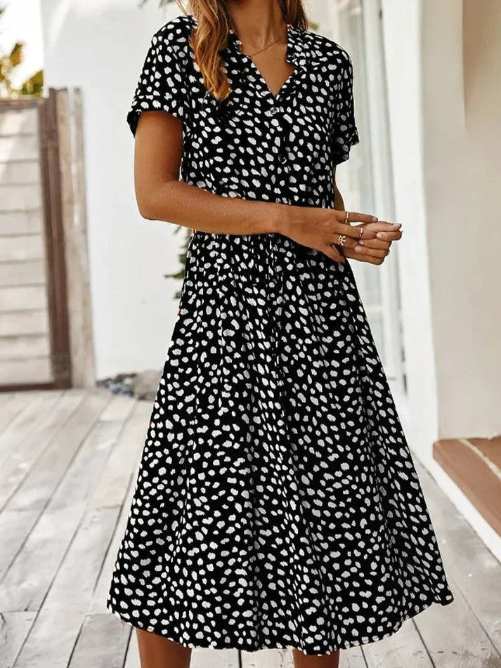 W&W Mode - Elegantes kurzärmliges Hemdblusenkleid mit Polka Dots und Kordelzug in der Taille