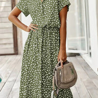 WW - Elegantes kurzärmliges Hemdblusenkleid mit Polka Dots und Kordelzug in der Taille