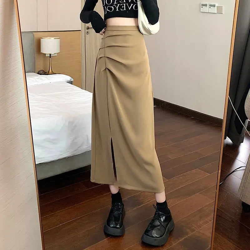 W&W Mode - Midi-Rock für Damen mit Falten und Seitenschlitz im Koreanischen Stil