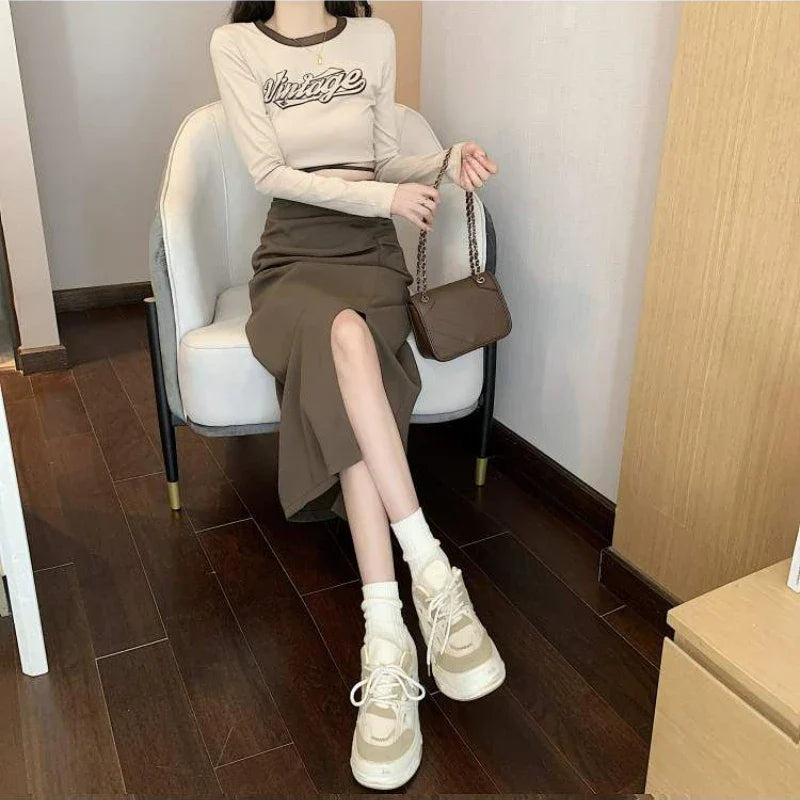 W&W Mode - Midi-Rock für Damen mit Falten und Seitenschlitz im Koreanischen Stil